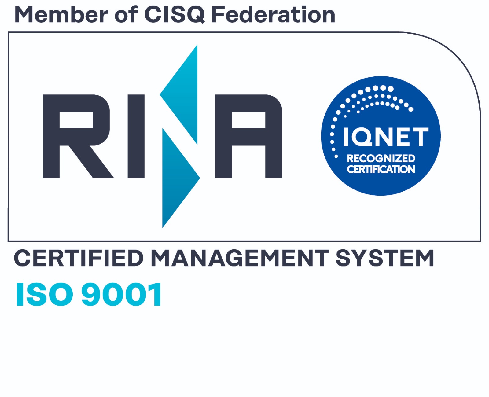 Selo de certificação RINA ISO 9001 com reconhecimento IQNET